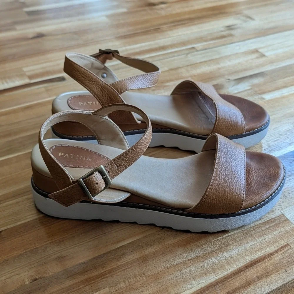 Patina Tan Pebbled Leather Platform Wedge Sandals Ankle Strap Womens 9.5